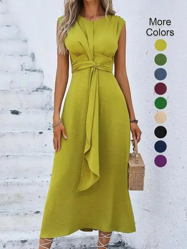 Women's Plain Twist Ribbon Tank Dress Sleeveless Round Neck Midi Dress Summer Minimalist Beach Holiday Dress for Women Ladies Summer Dresses