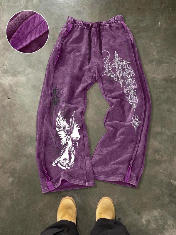 Men's Washed Cotton Sweatpants with Side Stitching, Gothic Pattern, Comfortable Casual Pants for Daily Wear