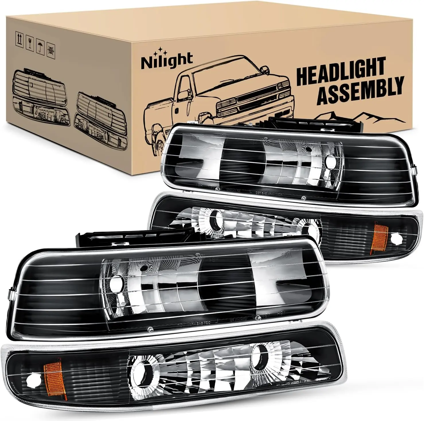 Nilight LED Car Headlights Assembly Set - Replacement Headlamp Housing & Bumper Lights for 1999-2002 Chevy Silverado 1500, 1500HD, 2500, 2500HD, 3500 & Chevrolet Tahoe, Suburban Truck