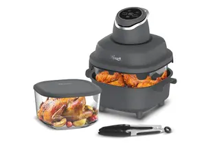 Rosewill 4-in-1 Portable Glass Air Fryer, 4.7QT Transparent Glass Cooking Pot with Storage Lid & Tongs, Compact Smart for Deep Roast, Recrisp, Keep Warm – Dark Grey