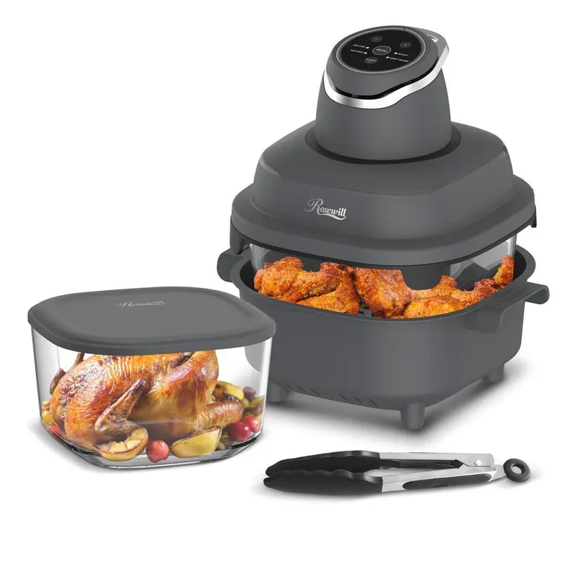 Rosewill 4-in-1 Portable Glass Air Fryer, 4.7QT Transparent Glass Cooking Pot with Storage Lid & Tongs, Compact Smart for Deep Roast, Recrisp, Keep Warm – Dark Grey
