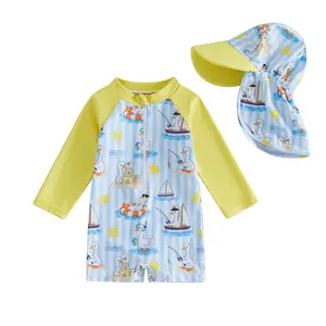 Baby Boy Animal-Print Long-Sleeve Rash Guard Set, Half-Zip with Sun Hat, Summer Beach Vacation Swimwear Outfits, Animals