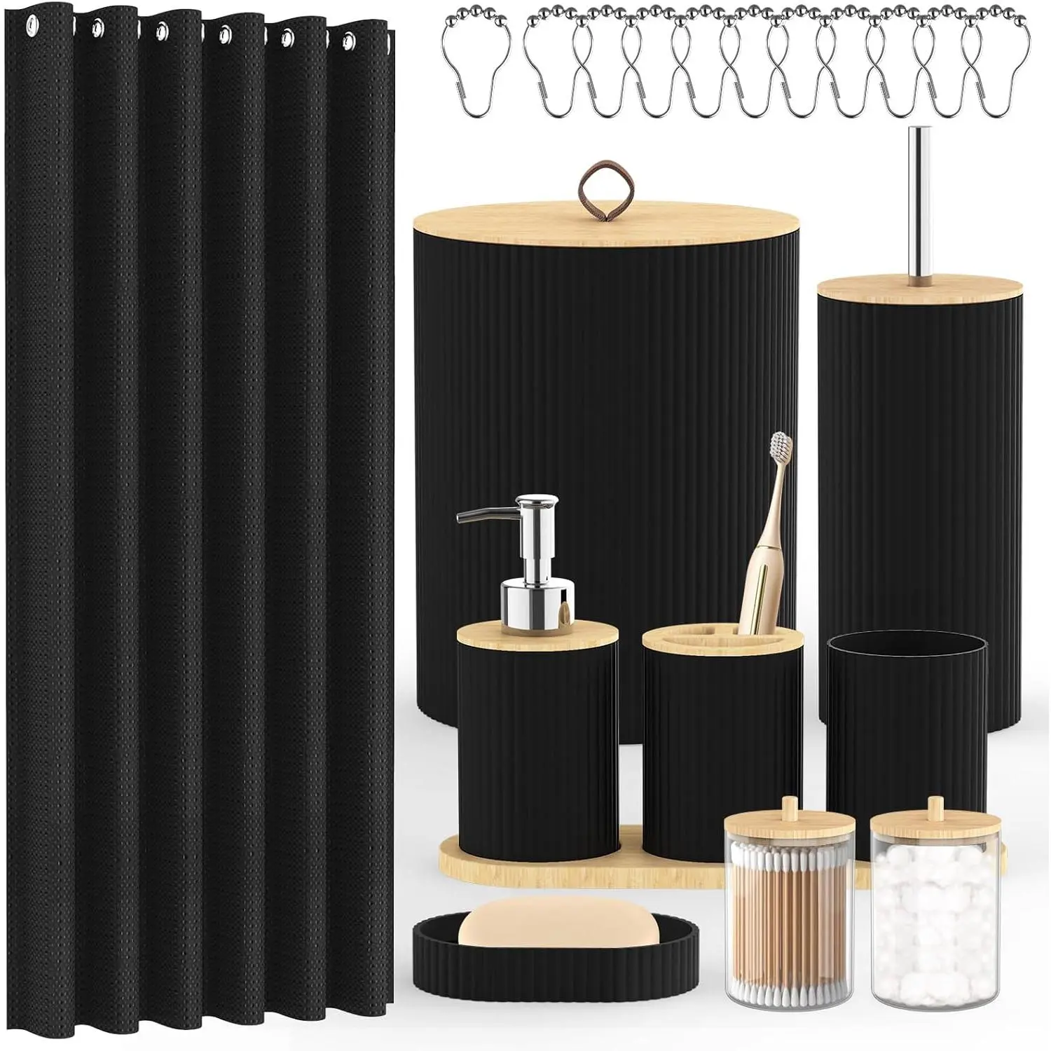 Bathroom Accessories Set - 22PCS Black Bathroom Set with Shower Curtain,Trash Can,Toilet Brush Holder Set & Soap Dispenser – Stylish & Functional Bath Decor for Home, ApartmentVelvet Bloom15
