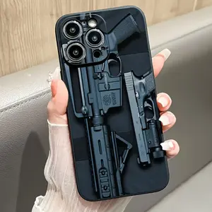 Black Machine Gun Pattern Case for iPhone 16 15 14 Pro Max 13 12 11 XR XS Plus Shockproof Drop Protection Rugged Durable Silicone Cover Gifts for women men girls boys