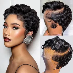 Curly Pixie Cut 13x4 Short Lace Front Wig Human Hair Wigs 13x4 HD Lace Frontal Wigs Short Layered Curly Wig Deep Wave Pixie Cut Human Hair Wigs for Black Women Natural Black