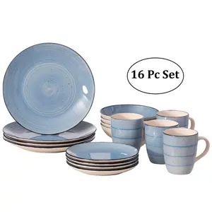 212 MAIN 16-Piece Minimalist Lightweight Stylish Stackable Tableware Set for 4 - Ceramic Mugs, Salad Plates, Dinner Plates, Bowls, High-Quality, Chip-Proof, Dishwasher-Safe, Microwave-Safe, Blue Dinnerware
