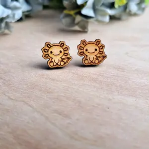 Cherry Wood Axolotl Earrings with Hypoallergenic Hardware - Handmade Fashion Accessories