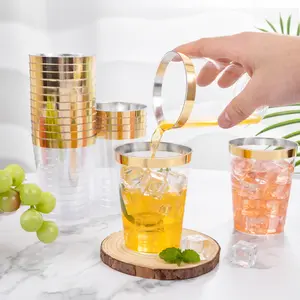I00000 100PCS Gold Plastic Cups,10 oz Clear Plastic Cups with Gold Trim, Beer Mugs，Disposable Hard Cup For Party, Premium Cup Perfect for Wedding & Party