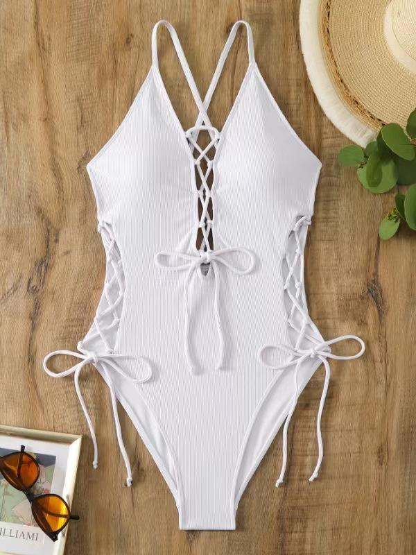 Women's European-American Backless Cut Concave Stripe 1-Piece Swimsuit, Female Outdoor Swimwear with Standard Sizes for Beach Sports, Polyester