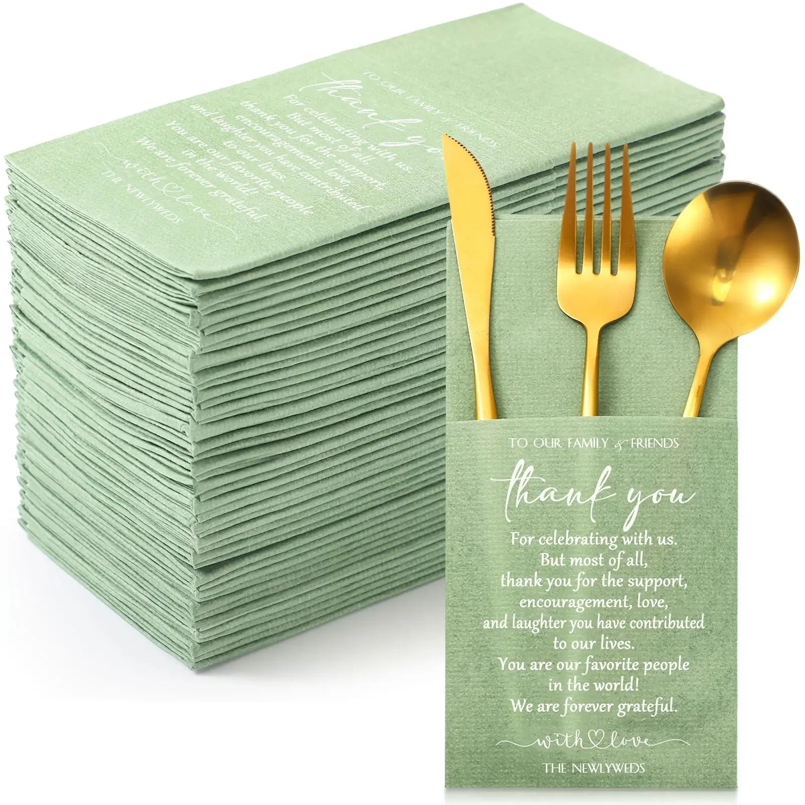 100 Plain Thank You Wedding Napkins Cocktail Napkins Newlyweds to Family Friends Guests with Built In Flatware Pocket Tissues Na