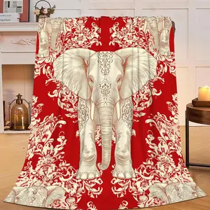 Elephant Blanket Red Gold Boho Elephant Decor Throw Blanket Gifts for Girls Boys Super Warm Soft Plush Lightweight Fleece Flannel Winter Bedding Blankets for Kids Adults Women Men 50"X40"
