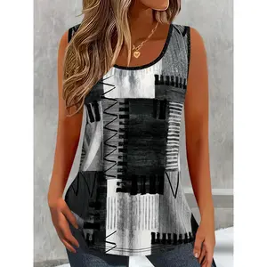 Plus Size, Women's Plus Size Summer Sleeveless Tank Top - Round Neck Color Block Blouse, Loose Fit Casual & Beachwear, Machine Washable Breathable Suitable for Summer