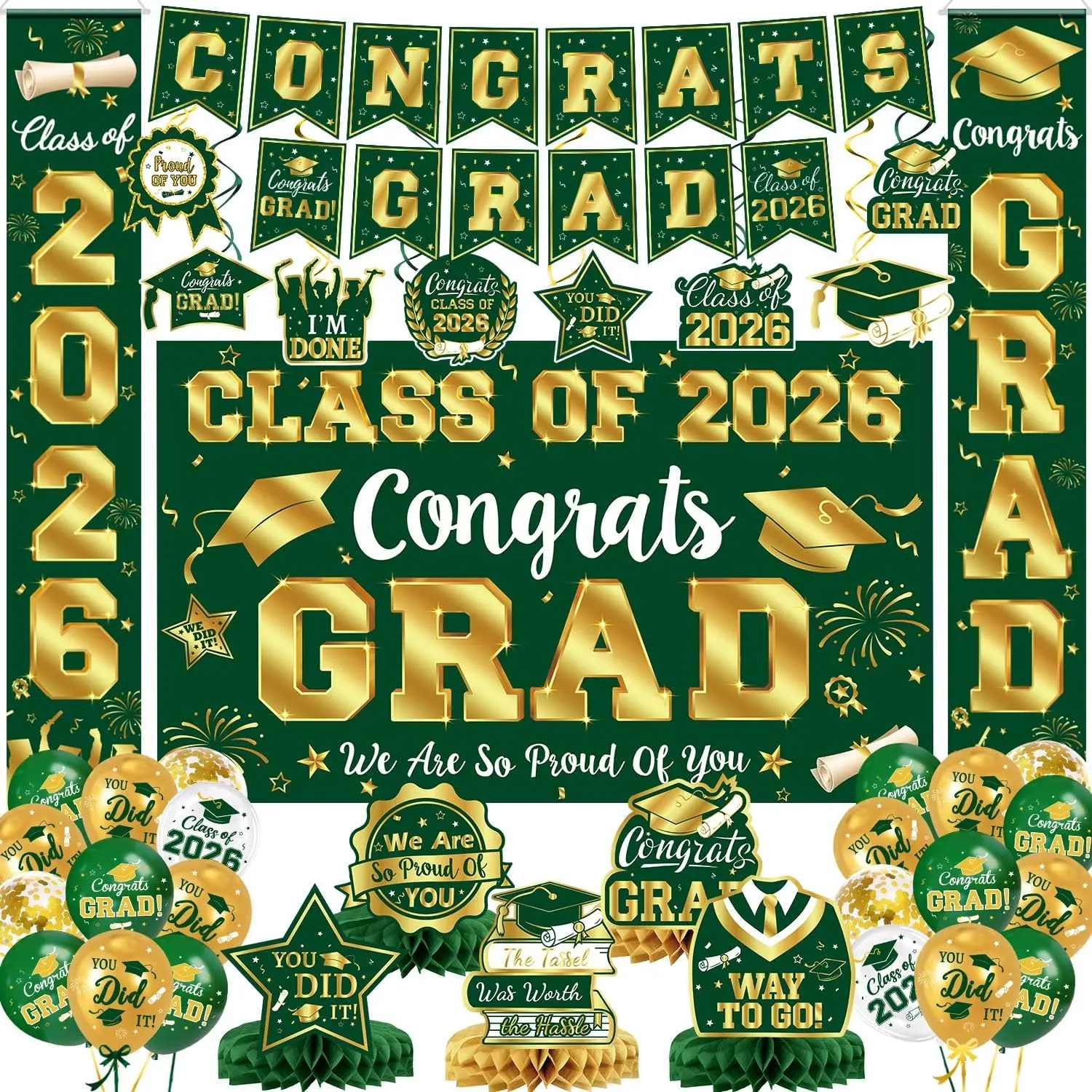 Graduation Decorations Class of 2026, Green and  Graduation Decorations Set, Congrats Grad Banner & Backdrop, Porch Sign,  Swirls, Balloons, Honeycomb Centerpieces for High School & College Celebrations