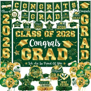 Graduation Decorations Class of 2026, Green and  Graduation Decorations Set, Congrats Grad Banner & Backdrop, Porch Sign,  Swirls, Balloons, Honeycomb Centerpieces for High School & College Celebrations