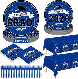122 Pcs 2026 Graduation Decorations Serves 30, Graduation and Set, Disposable Class of 2026 Grad Decorations, Blue Congrats Grad Paper Dinnerware Table for