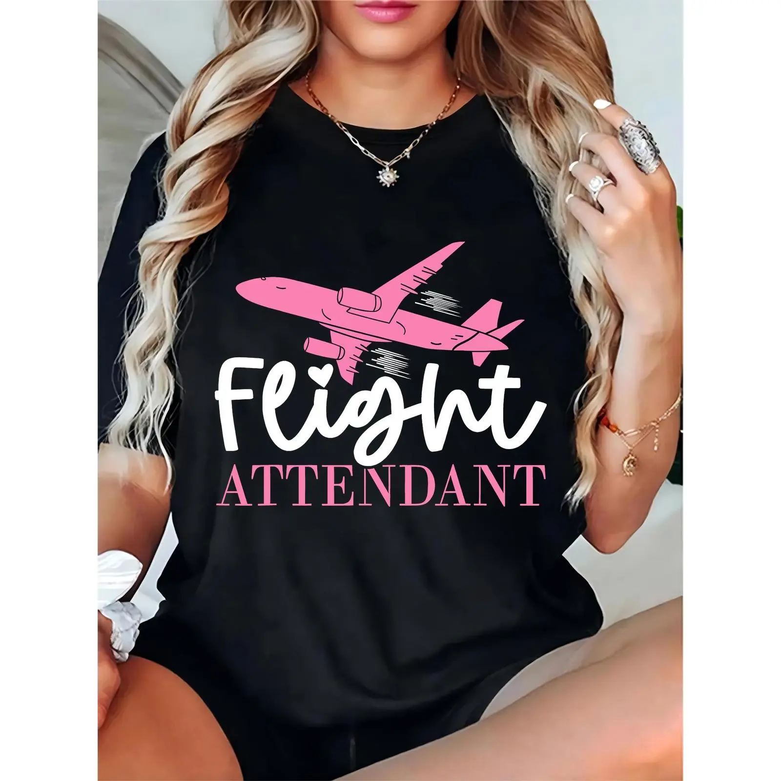 Women's Flight Attendant Graphic T-Shirt, Comfortable 100% Cotton Crewneck, Basic Shortsleeve Tee for All-Day Casual Wear, Skirts, Feminine, Prints