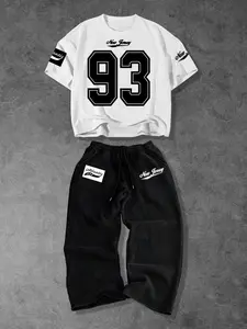 Men's Casual Fitted Knitted Fashion Set, Spring & Fall Short Sleeve Long Pants, Trendy Streetwear for Parties, Skateboarding, Commuting Outfit