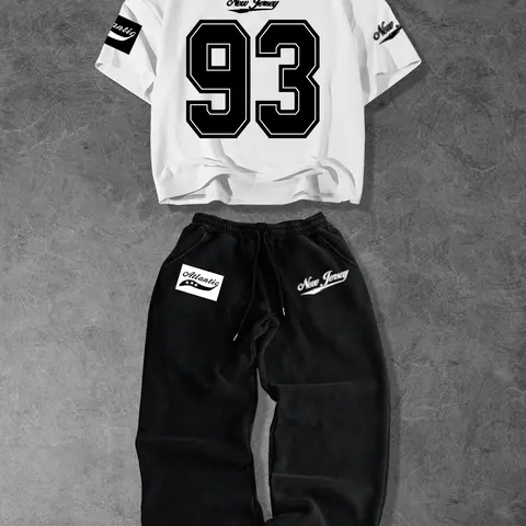 Men's Casual Fitted Knitted Fashion Set, Two Piece Set, Spring & Fall Short Sleeve Long Pants, Trendy Streetwear for Parties, Skateboarding, Commuting Outfit