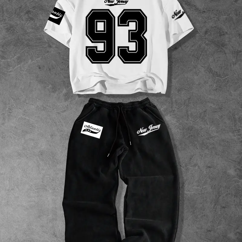 Men's Casual Fitted Knitted Fashion Set, Two Piece Set, Spring & Fall Short Sleeve Long Pants, Trendy Streetwear for Parties, Skateboarding, Commuting Outfit