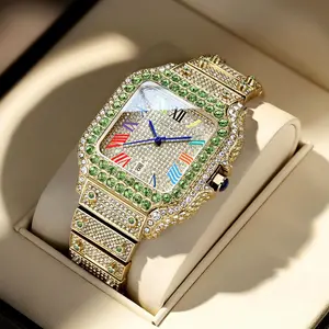 Men's 42mm Square-Face Gold Iced-Out Hip Hop Watch - Light Green Diamond Bezel, Colorful Roman Dial, Bustdown Design, Waterproof Luxury Fashion Statement Accessory