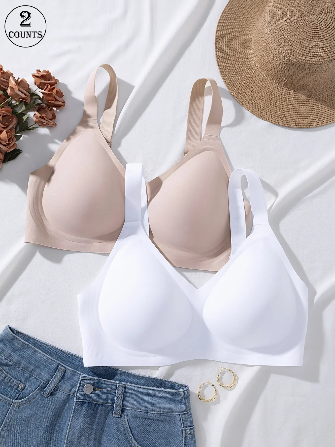2 Pack, 3 colors, Seamless bra set, plus-size seamless jelly women's bras with hook closure and adjustable straps, wire-free support, No Underwire, for a gathered back, comfortable, skin-friendly, and soft for all-day wear, Soft Comfy Bra