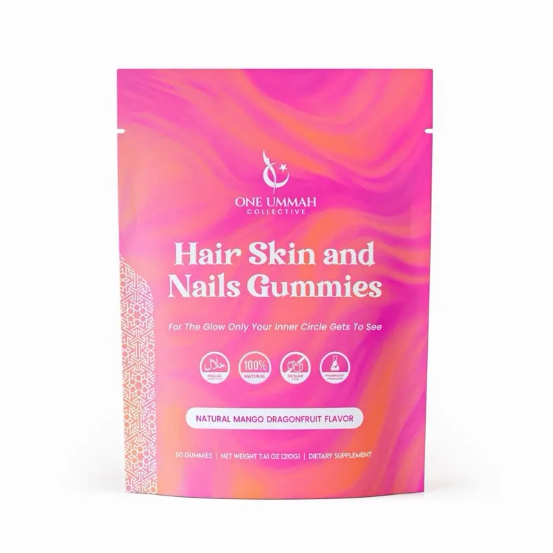 Halal Certified Hair, Skin, & Nails Gummies - Packed with Biotin, Collagen, Folate, & Essential Beauty Vitamins for Strong Hair, Glowing Skin & Healthy Nails - Easy Digestion & High Absorption - 60 ct, Supplement, Beauty Supplement