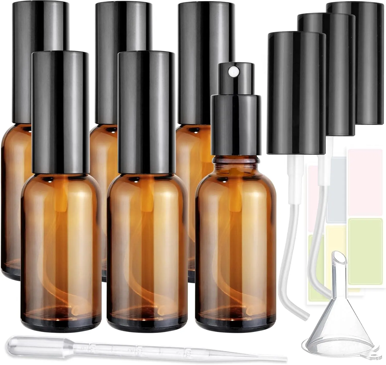 Showvigor 6-Pack 1oz/30ml Amber Glass Spray Bottles for Fine Mist | with 2 Extra Nozzles, Refillable Essential Oil, Toner, Hair Care & Cleaning Solutions Bottles Set | Leak-Proof, UV Protection