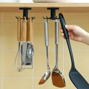 360° Rotating Adhesive Kitchen Hooks, 6 Hooks No Drill Utensil Organizer Rack, Cabinet Mount Holder for Spoons, Towels & Cups (1pcs)