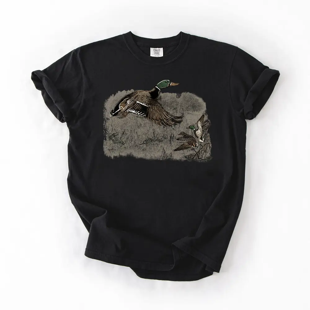 Vintage Mallard Duck Graphic Tee, Unisex Relaxed Fit Hunting Shirt in Garment-Dyed Cotton with Short Sleeves