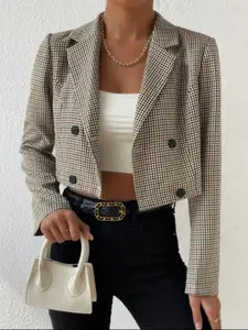 Autumn Women's Houndstooth Short Casual Trendy Blazer Jacket, Slim-Fit Stylish Outerwear for Spring & Fall, Comfortable Lightweight Woven Fabric Womenswear Fitted Garment Piece
