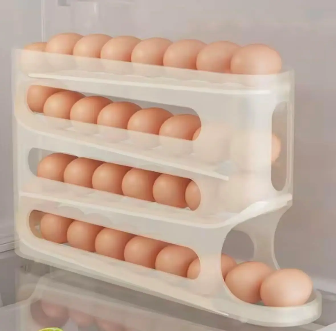 Automatic Rolling Egg Dispenser Organizer - 4-Tier Durable Plastic Holder Tray, 28-Capacity Space-Saving Storage Rack for Refrigerator, Counter