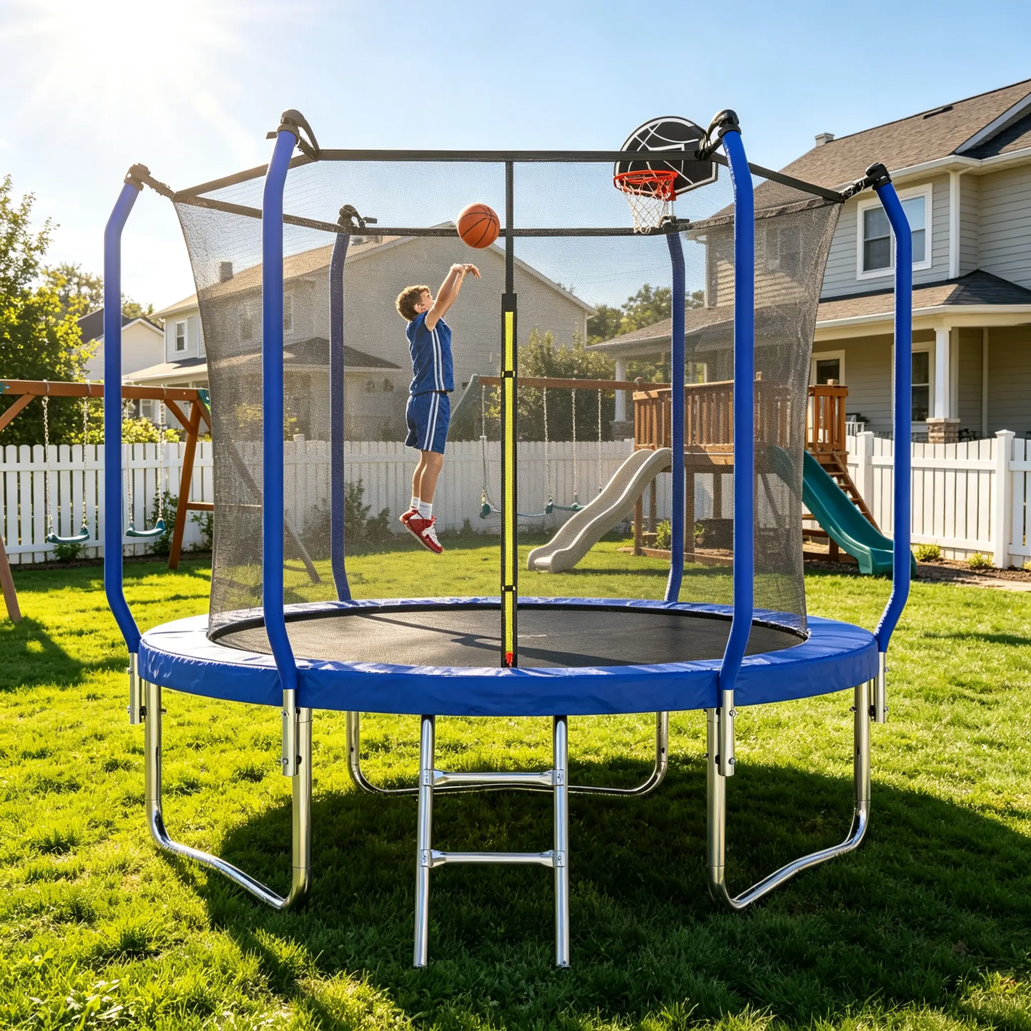 8FT Outdoor Jump Trampoline with Attached Basketball Hoop, ASTM-Certified Galvanized Steel Reinforced Design, Full Netting Safety Enclosure, Secure Legs, 2-Step Ladder, 100% Satisfaction Service for Backyard Family Entertainment