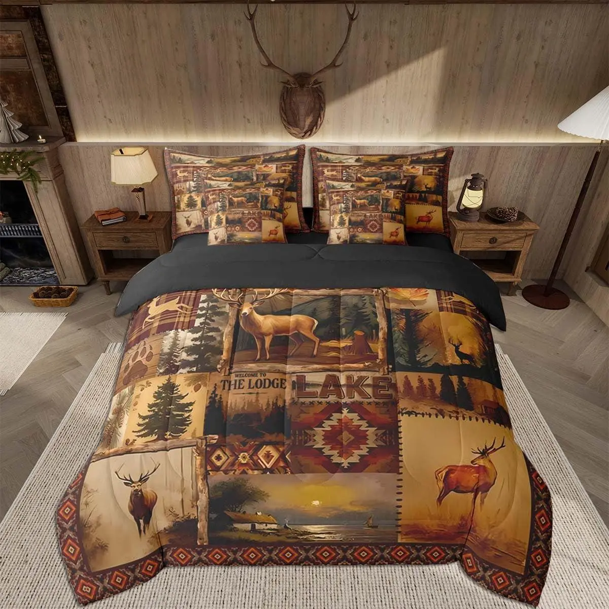Deer Comforter Set with Sheets 7 Piece Deer Hunting Bedding Set for Kids Boys Girls Rustic Cabin Lodge Country Bed in a Bag Farmhouse Western Room Decor Southwestern Plaid Grid