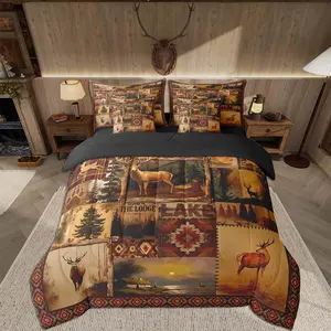 Deer Comforter Set with Sheets 7 Piece Deer Hunting Bedding Set for Kids Boys Girls Rustic Cabin Lodge Country Bed in a Bag Farmhouse Western Room Decor Southwestern Plaid Grid