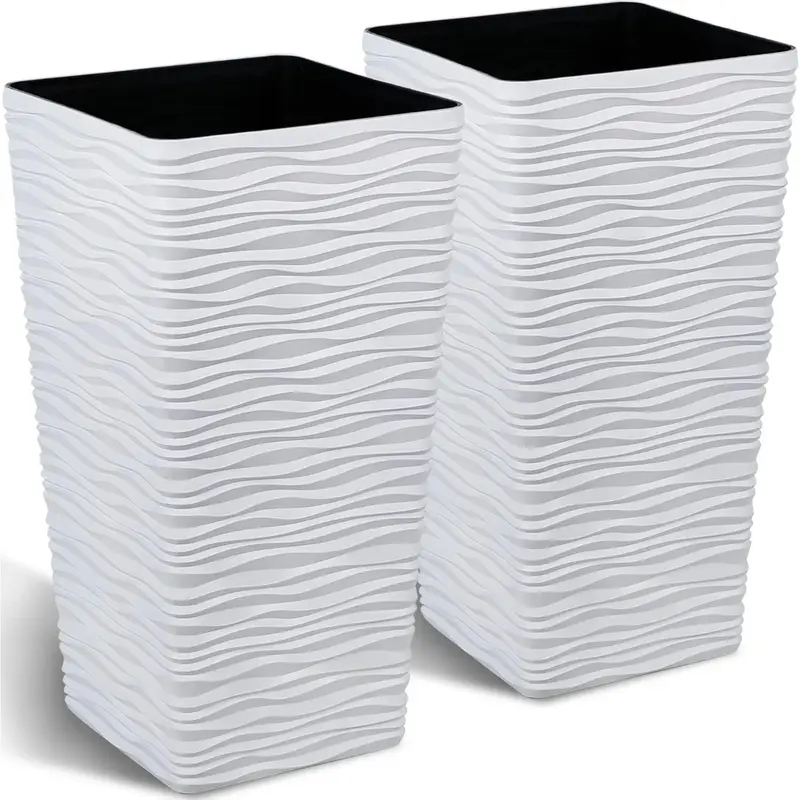 Garden 22" Tall Planters Set of 2 - Plastic White Square  Pots - Modern Big Tapered Matte Wavy Tree Flower Pot for Indoor Outdoor Porch Deck