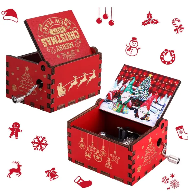 Christmas Jingle Bells Hand Crank Music Boxes, Wood Christmas Music Box Mini Vintage Engraved Musical Boxes Merry Christmas Decorations Gifts for New Year Christmas Boy Girl Men Women