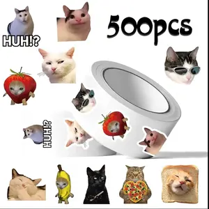 Funny Cat Abstract Roll Stickers Series, 500 Pieces Per Roll, Cup Laptop Travel Bag Notebook DIY Decorative Stickers, Scrapbook Page, Birthday Gift, Self Adhesive Stickers, Crafts Cup Stickers