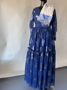 Ethiopian Eritrean Chiffon Dress in Blue with Traditional Pattern and Design