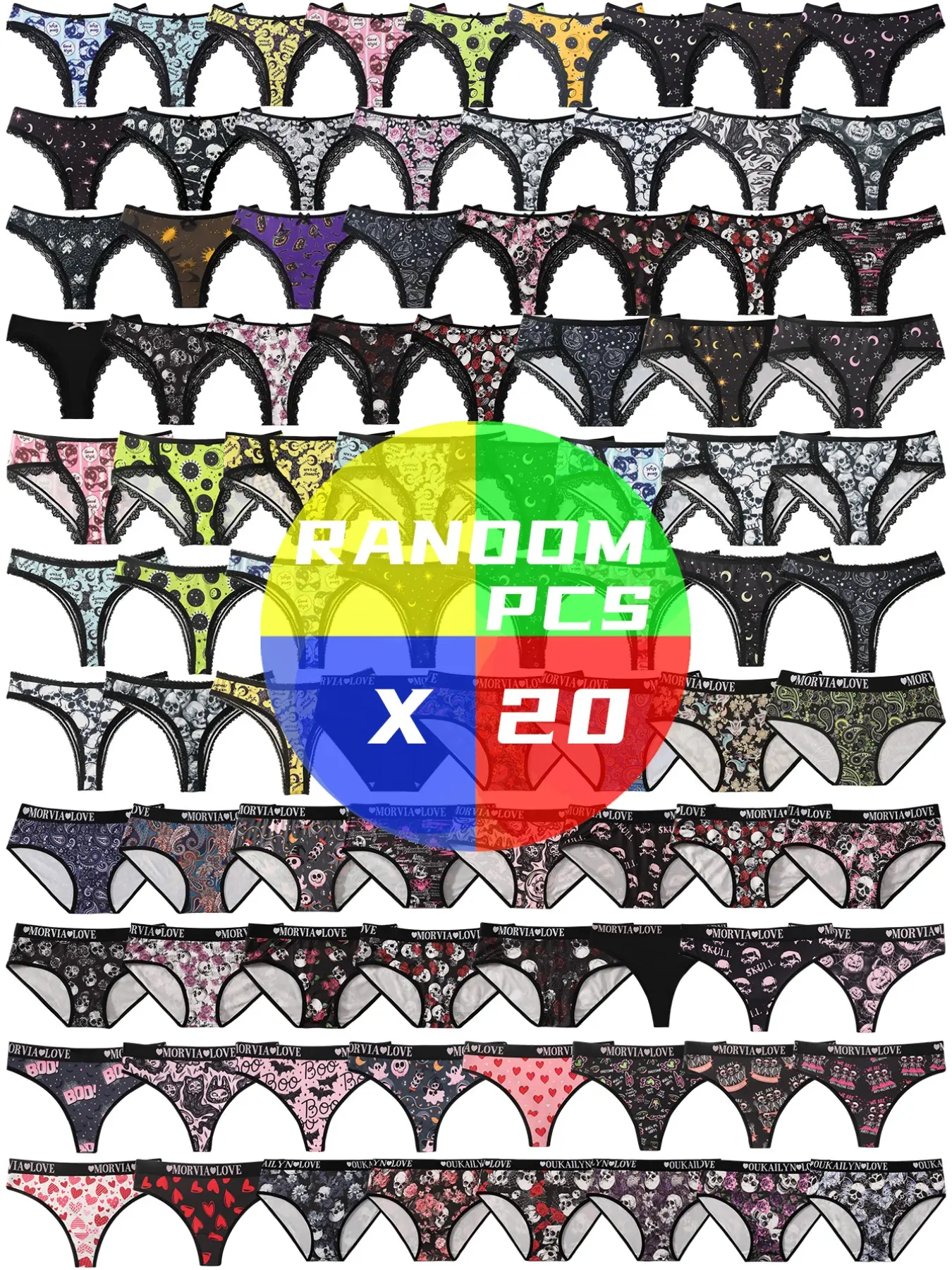 20pcs Random Women's Underwear, Gothic Print Alphabet Webbing Briefs, Novelty Print Briefs, Comfortable Breathable High-Elastic Fitted Thongs, Sexy and Cute Intimates, Knitted Stretch Underwear, Letter Print Underwear, Panties