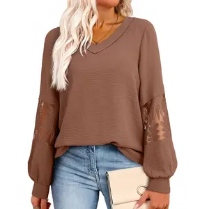 Dokotoo Womens Tops V Neck Long Sleeve Lace Dressy Casual Blouses 2026 Trendy Oversized T Shirts