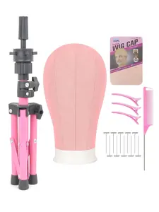 22 inch light pink canvas mannequin headband, tripod wig cap, T-shaped needle, mouse tail comb, and hair clip for wig practice and styling training display, Wig Install Kit, Wig Styling Equipment, Wig Installation Kit