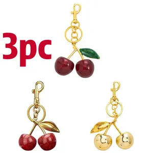 Cute Bag Charms Purse Charm Gift for Women Girl Car Keyrings Leather Handbags Fashion Birthday Presents for Woman 3pc Cherry Design