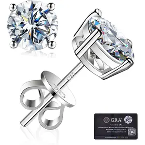 Moissanite Stud Earrings GRA 925 Sterling Silver 18K White Gold Plated for Men Women, Wedding Earrings (0.3Ct-4Ct)
