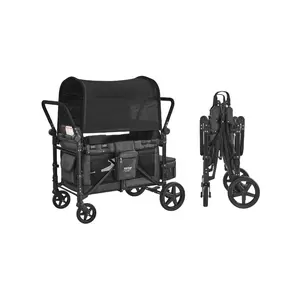VEVOR Wagon Stroller for 4 Kids, Push Pull Quad Collapsible Stroller with Adjustable Handle, Safety Harness Removable Canopy, 4-Seater Stroller Wagon for Camping, Dark Gray Black (330LBS Loading)