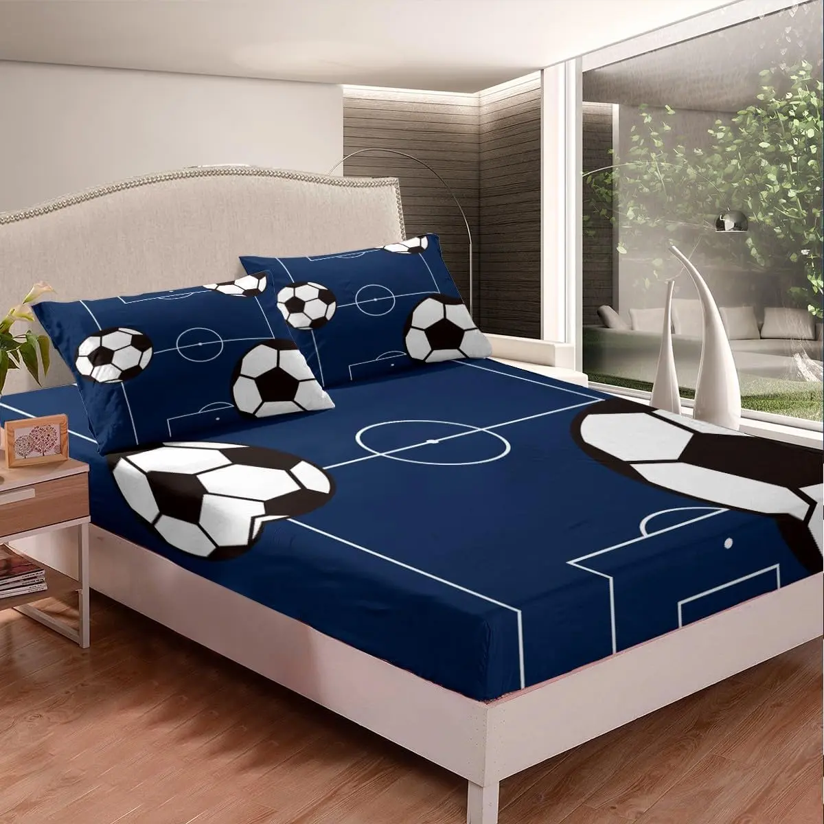 Feelyou Microfiber Bedding Set with Elastic, Stretchable, Printed Microfiber Bed Sheets - Football-Themed Fitted Sheet & Bed Cover, Twin/Full/Queen Sizes, Soccer Ball Pattern, Breathable, Deep Pocket Fit, Elastic Fitted Sheet
