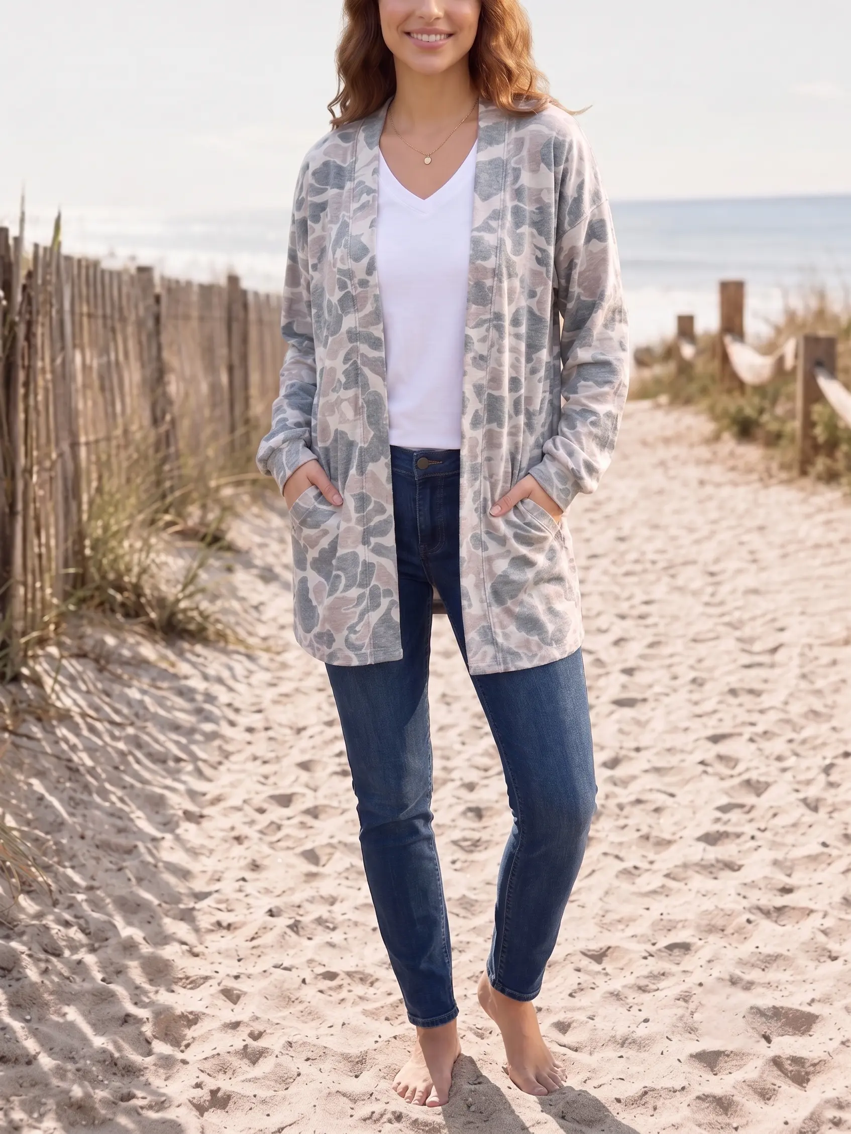 Women's Lightweight Camo Duster Cardigan - Long Sleeve, Open Front, Chic Bohemian Style Casual Outerwear for Day & Everyday Wear, Versatile 1-Piece Layer