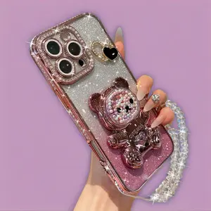 REALME Smartphone Cellphone Case, Colorful Bead Bear Stand Handheld Accessories, Shockproof Diamond-Embedded Protector, Electroplated Glittery Sparkling Finish Cover for IP16 Pro Max, IP15 Pro, IP14/13