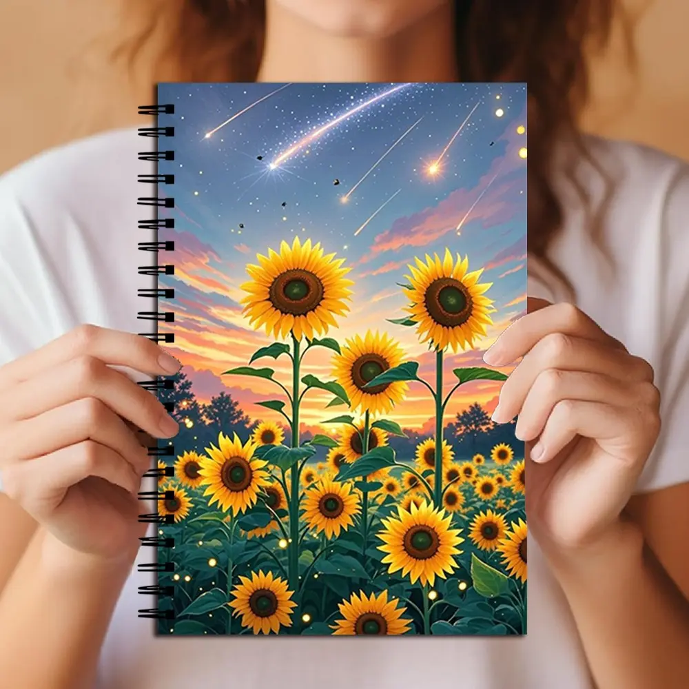 Sunflowers Spiral Notebook with Shooting Stars and Sunset Sky, Aesthetic Dreamy Journal for Women, College Ruled Paper for School, Work, and Journaling, Spiral Bound Notepad