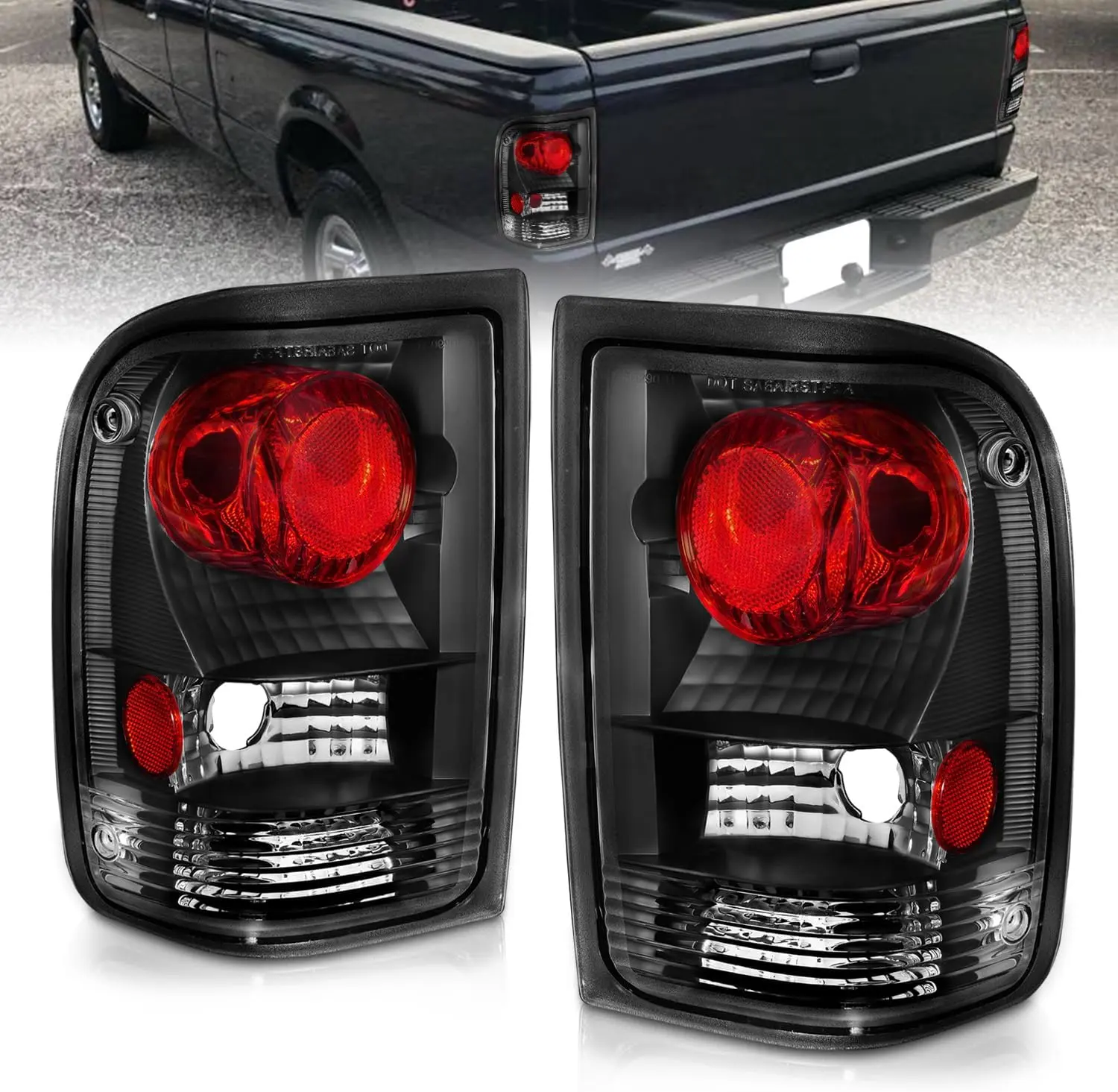 AmeriLite for 1993-1997 Ford Ranger Black JDM Replacement Brake Tail Lights Assembly Set - Passenger and Driver Side