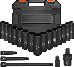 20 count 1/2" Drive Metric Deep Impact Socket Set,10mm-24mm no skip, Includes Extension Bars, Universal Joint and Adapter, 6 Point Design, Meets ANSI Standards